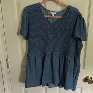 Terra & Sky Blue Smocked Short Sleeve Blouse